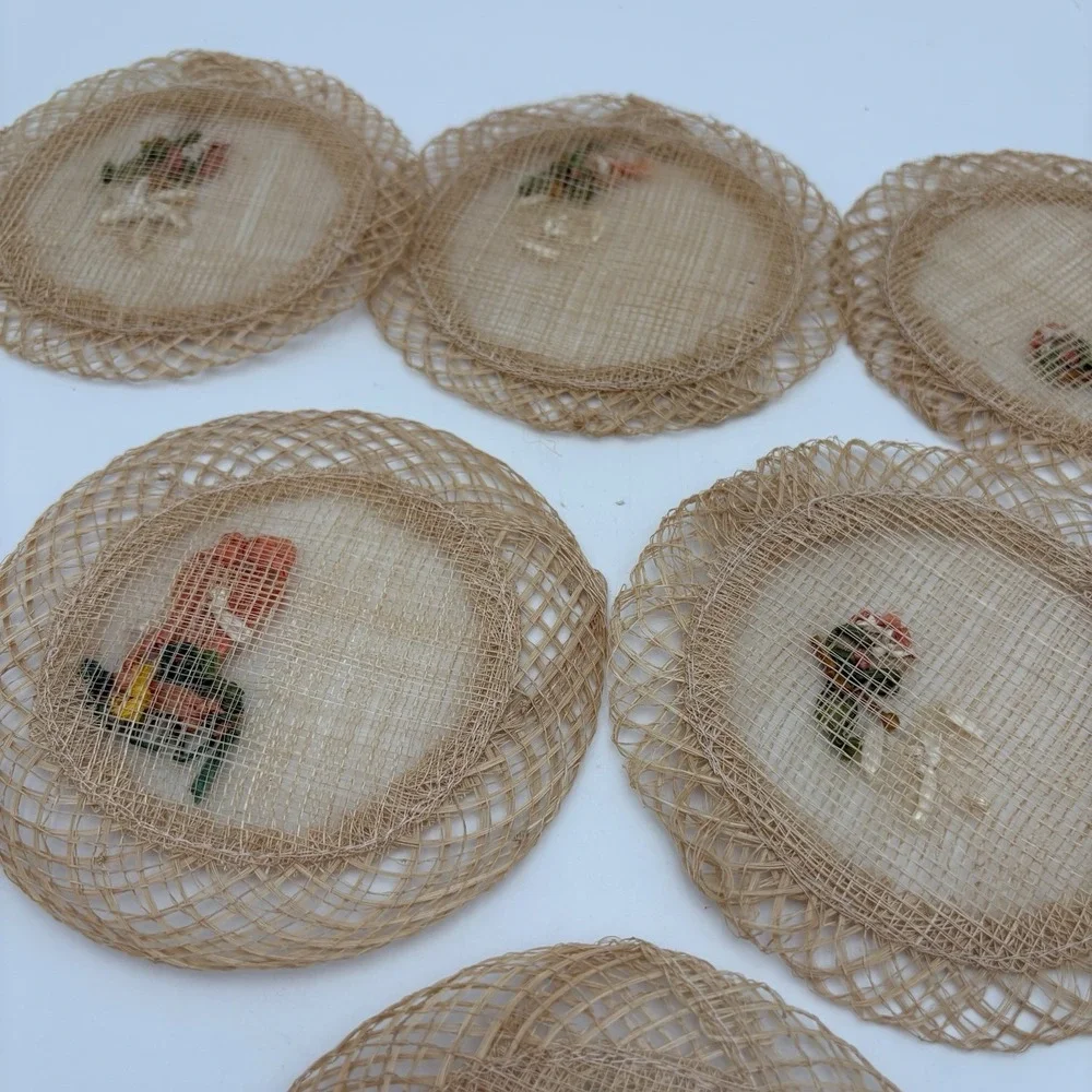 Handwoven Raffia Straw Round‎ Coasters Embroidered Flowers 6